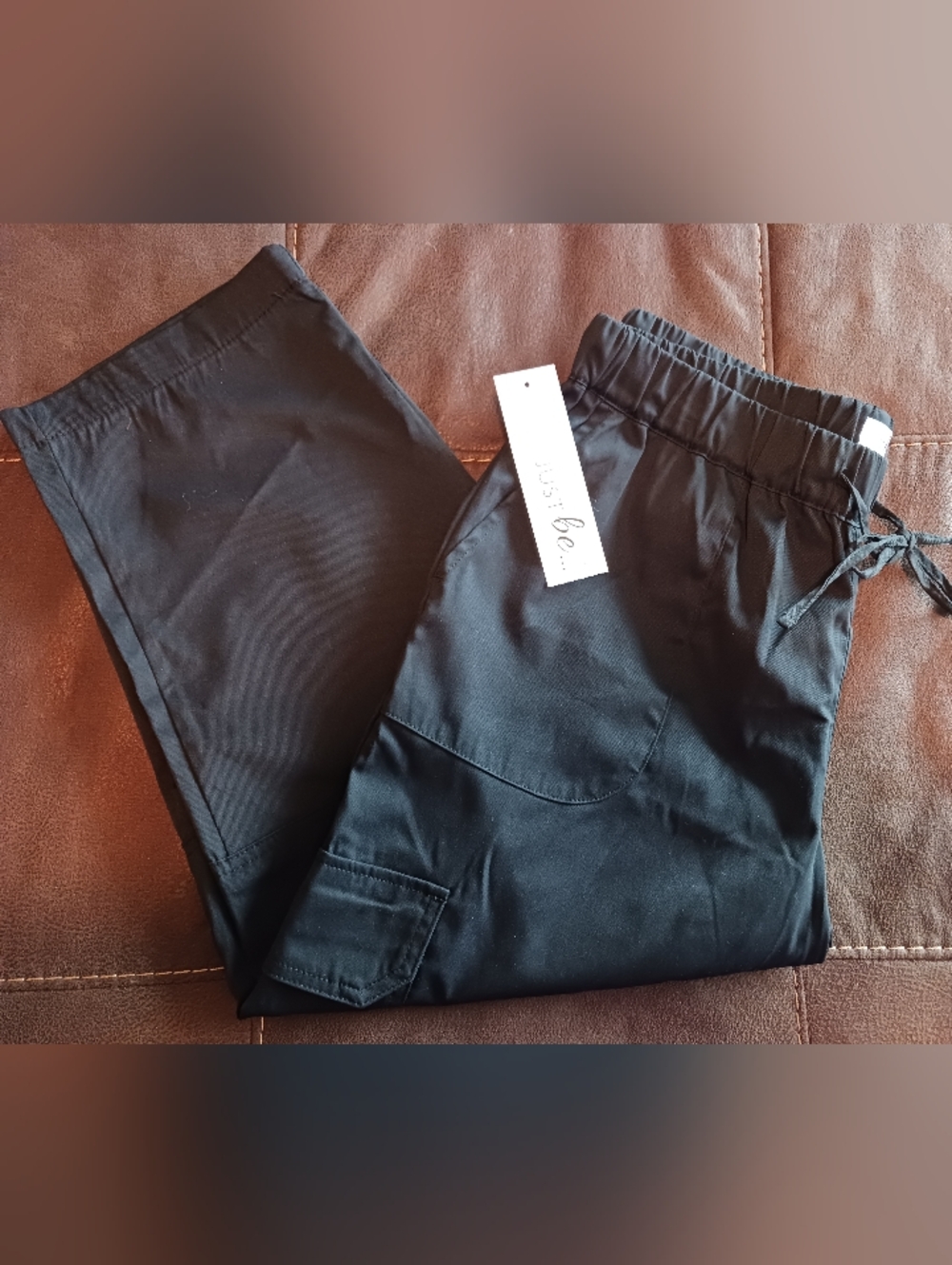 just be Black Drawstring Capri Cargo Pants Sz L NWT